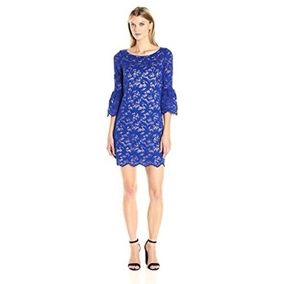Eliza J Cobalt Blue Floral Lace Bell Sleeve Shift Dress Sz 4 - Picture 1 of 10